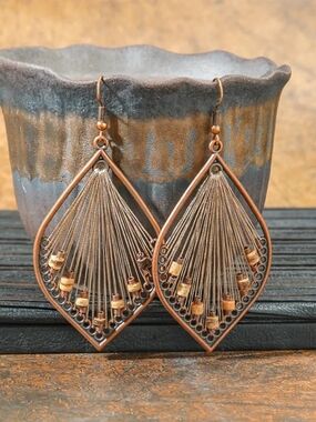 Copper-Tone Teardrop Thread & Bead Earrings - Brown